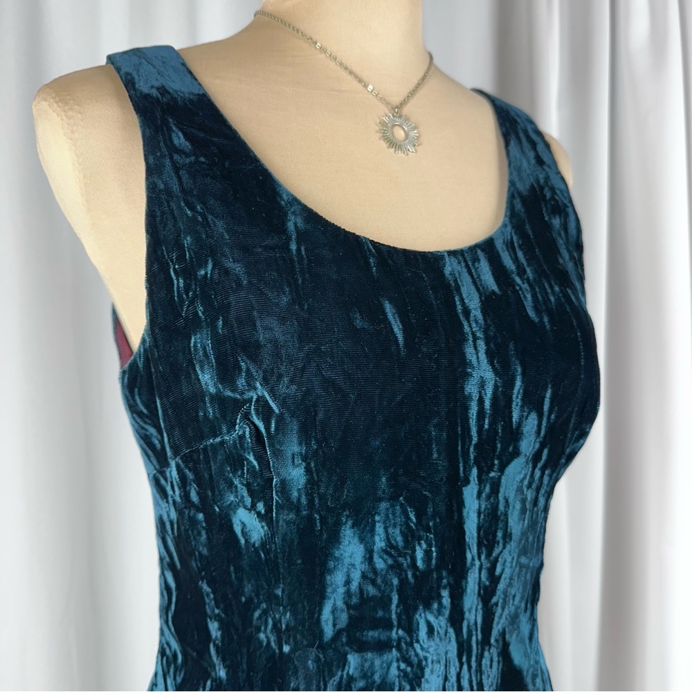 Vintage 90s Teal Crushed Velvet Dress Jump USA Sleeveless Sheath Sz 7/8 33” READ